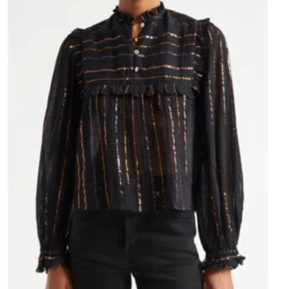 MWOT Farm Rio Metallic Stripe Ruffle Shirt, size S - Picture 1 of 12